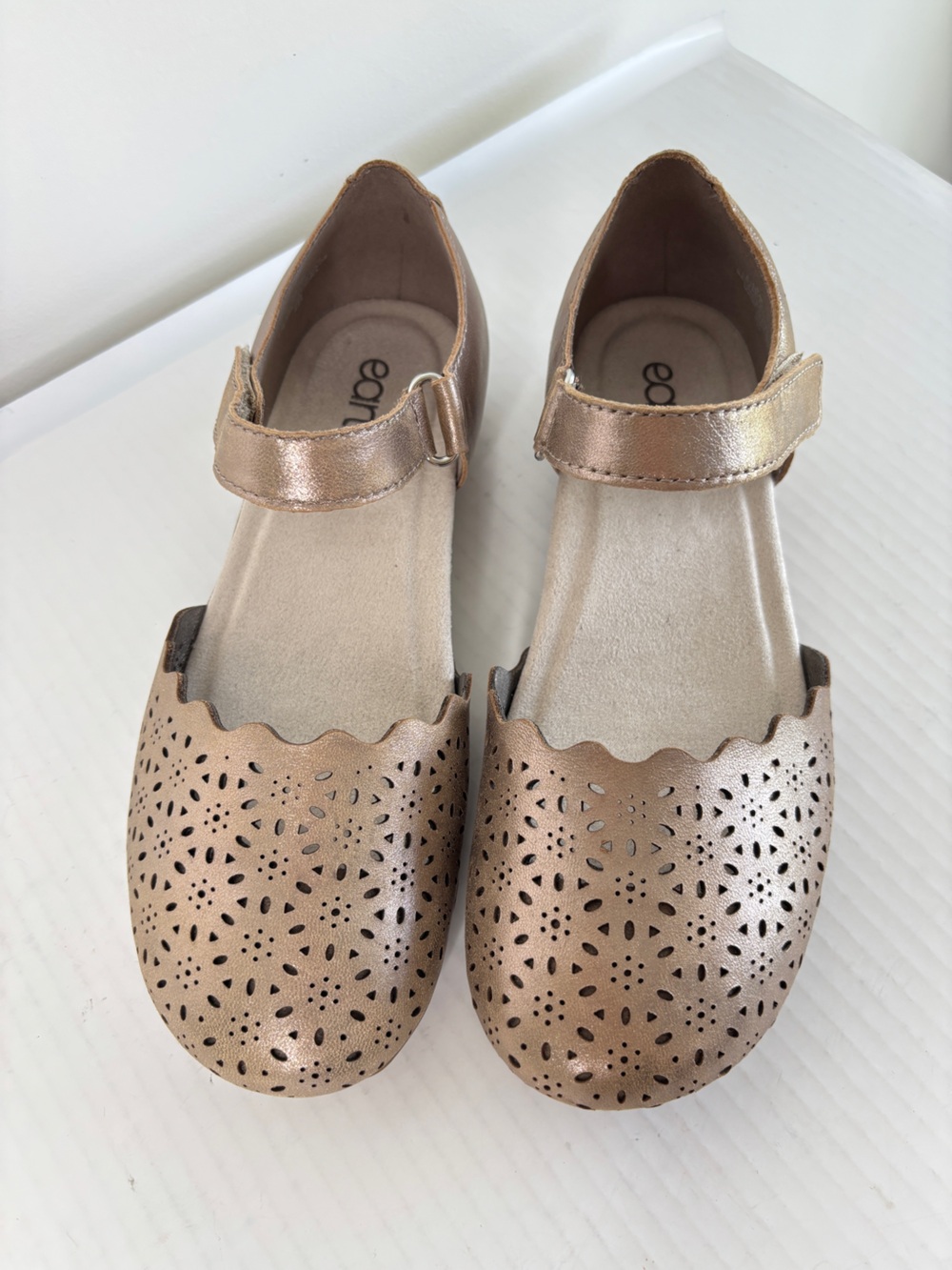 Earth Leather Perforated Mary Janes Bronnie Comfort Shoe Size 7 Pewter Leather